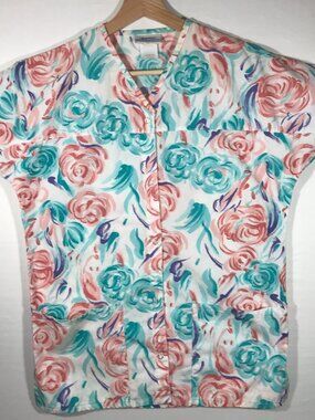 Hospitex Women's X-Small Multicolor Floral Snap Button Short Sleeve Scrub Top